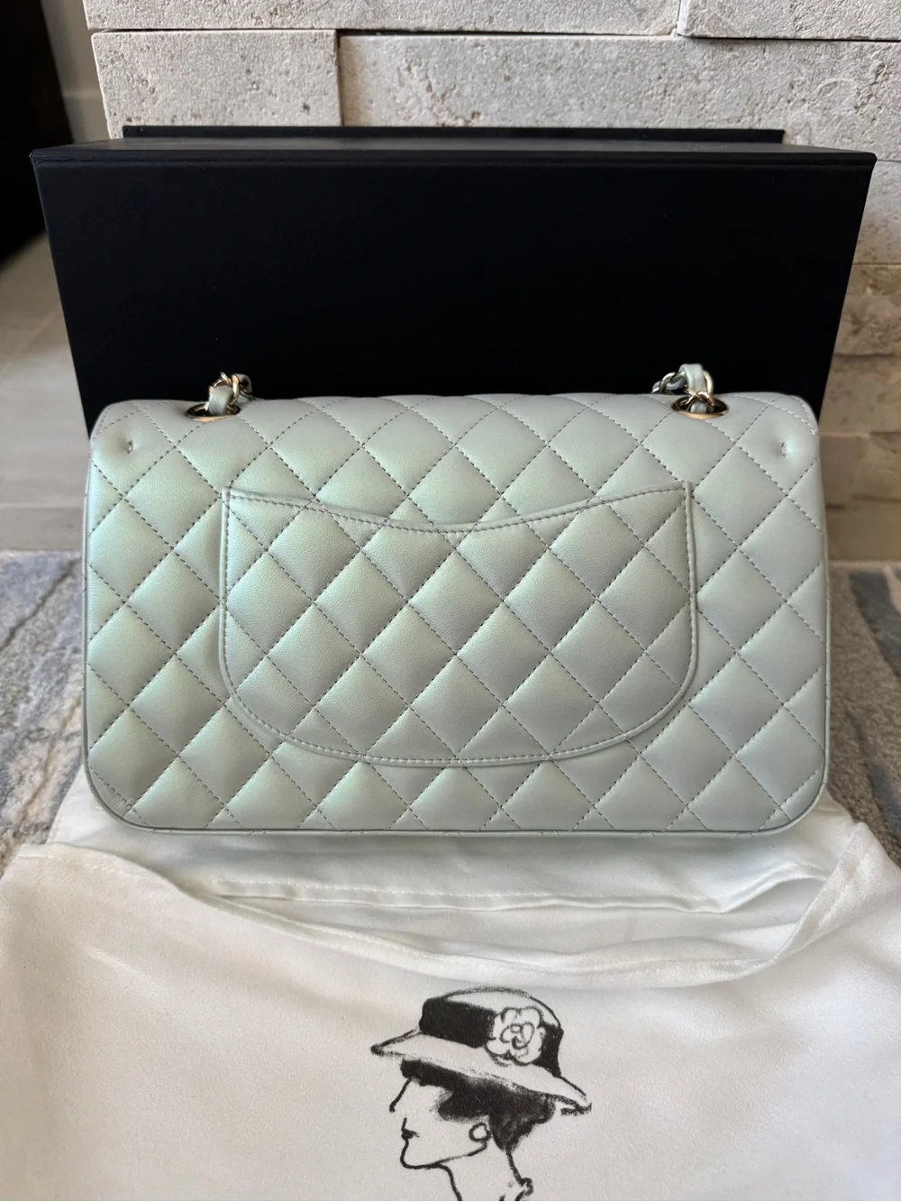 Chanel Iridescent Blue Medium Classic Flap Bag Quilted Lambskin Gold Hardware
